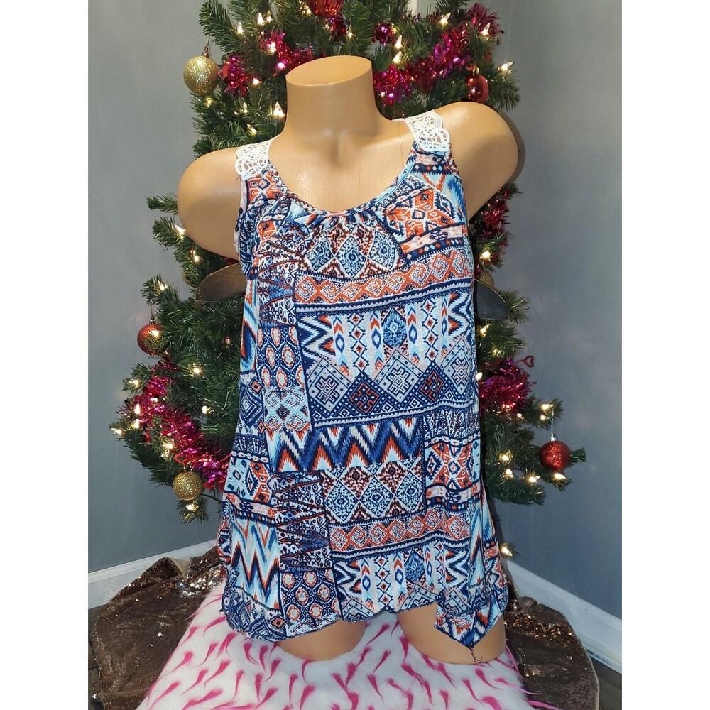 French Laundry Blue and Orange Geometric Print Tank Top Lace Tribal S